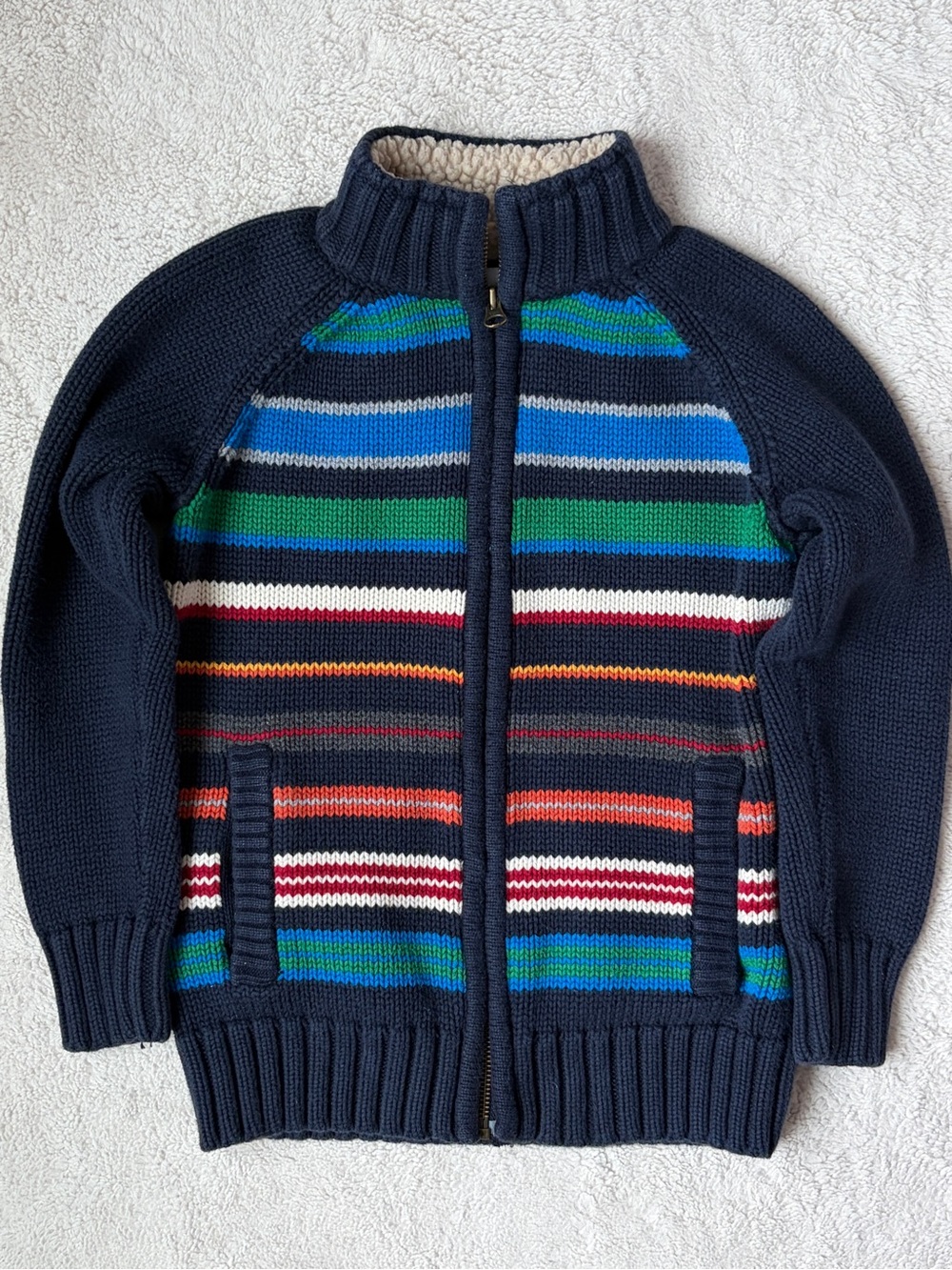 GAP Kids Boys Navy Zip Front Colorful Striped Sweater Size Small 6-7